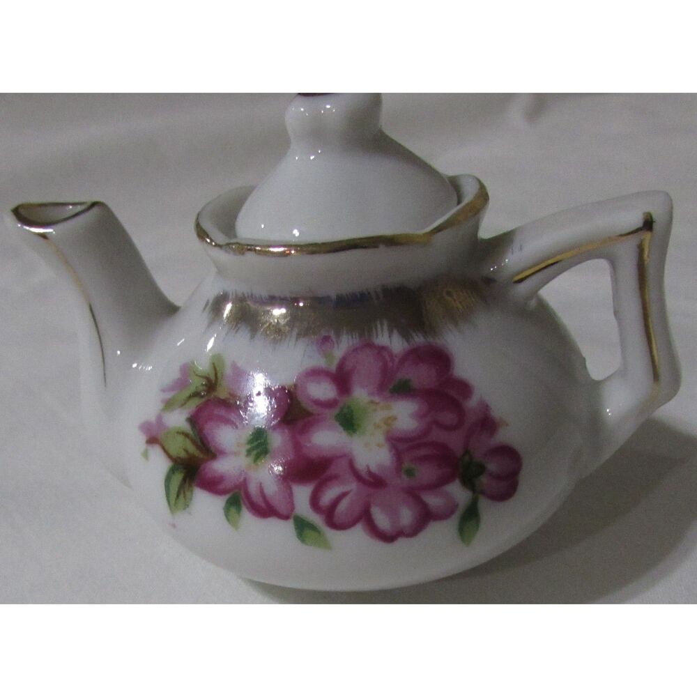 Miniature porcelain Teapot hand painted vintage purple flowers gold trim girls